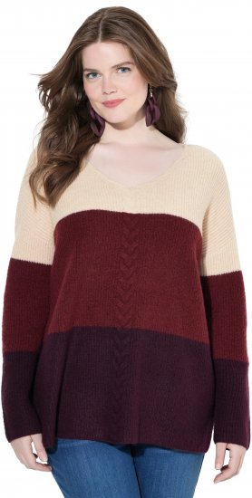 Ulla Popken Cable Knit Block Stripe V-Neck Sweater Dark Ruby - φούτερ/Φούτερ με κουκούλα - 