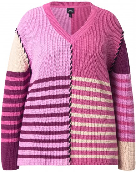 Ulla Popken Patchwork Striped Long Sleeve V-Neck Sweater Raspberry - φούτερ/Φούτερ με κουκούλα - 