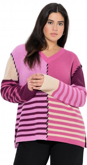 Ulla Popken Patchwork Striped Long Sleeve V-Neck Sweater Raspberry - φούτερ/Φούτερ με κουκούλα - 
