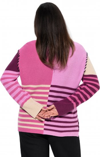 Ulla Popken Patchwork Striped Long Sleeve V-Neck Sweater Raspberry - φούτερ/Φούτερ με κουκούλα - 