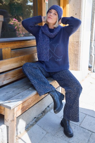 Ulla Popken Textured Glitter Embroidery Oversized Sweater Ink Blue - φούτερ/Φούτερ με κουκούλα - 