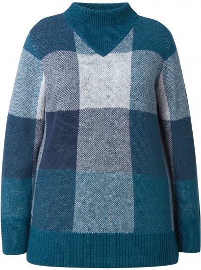 Ulla Popken Grand Check Long Sleeve Sweater Teal - φούτερ/Φούτερ με κουκούλα - 