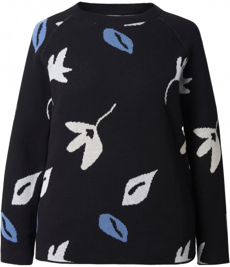 Ulla Popken Eco Cotton Leaf Pattern Long Sleeve Sweater Black - φούτερ/Φούτερ με κουκούλα - 