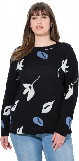 Ulla Popken Eco Cotton Leaf Pattern Long Sleeve Sweater Black - φούτερ/Φούτερ με κουκούλα - 