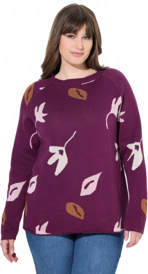 Ulla Popken Eco Cotton Leaf Pattern Long Sleeve Sweater Forest Berry - φούτερ/Φούτερ με κουκούλα - 