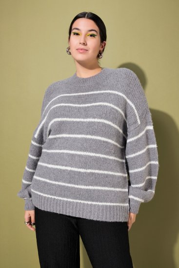 Ulla Popken Oversized Striped Balloon Sleeve Sweater Grey Melange - φούτερ/Φούτερ με κουκούλα - 