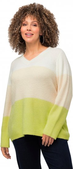 Ulla Popken Block Stripe Long Sleeve V-Neck Sweater Lime Green - φούτερ/Φούτερ με κουκούλα - 