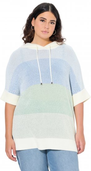 Ulla Popken Block Stripe Hooded Short Sleeve Sweater Mint Green - φούτερ/Φούτερ με κουκούλα - 