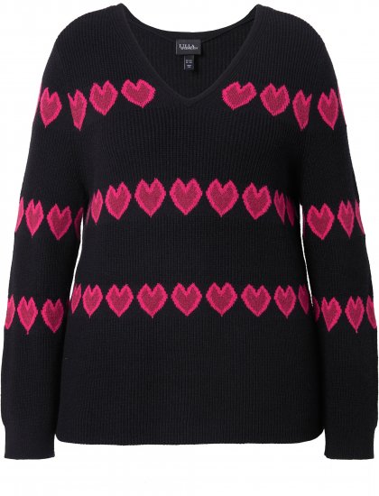 Ulla Popken Heart Print Long Sleeve V-Neck Sweater Black - φούτερ/Φούτερ με κουκούλα - 