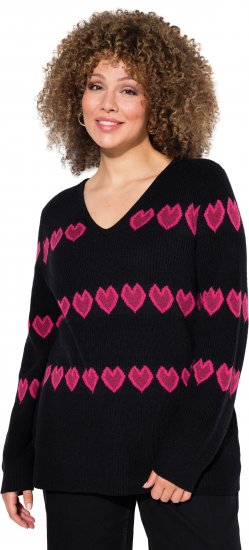 Ulla Popken Heart Print Long Sleeve V-Neck Sweater Black - φούτερ/Φούτερ με κουκούλα - 