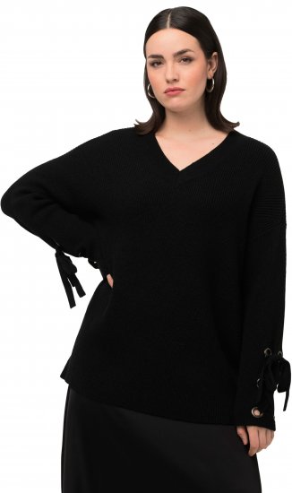 Ulla Popken Lace-Up Cuff Long Sleeve V-Neck Sweater Black - φούτερ/Φούτερ με κουκούλα - 