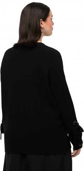 Ulla Popken Lace-Up Cuff Long Sleeve V-Neck Sweater Black - φούτερ/Φούτερ με κουκούλα - 