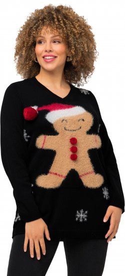 Ulla Popken Gingerbread Man Christmas Sweater Black - φούτερ/Φούτερ με κουκούλα - 