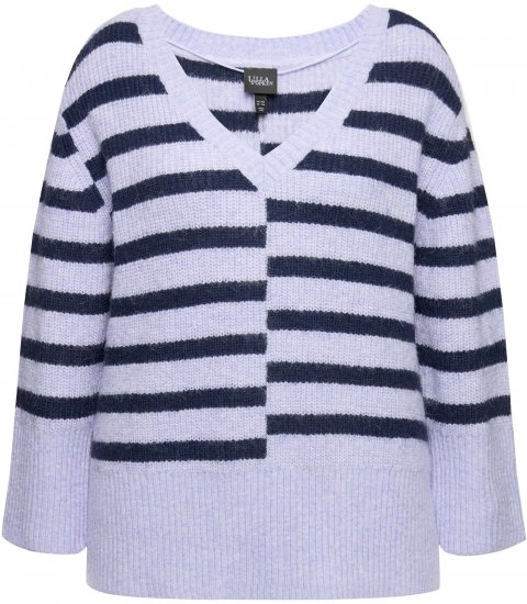 Ulla Popken Split Stripe Long Sleeve V-Neck Sweater Blue Grey - φούτερ/Φούτερ με κουκούλα - 