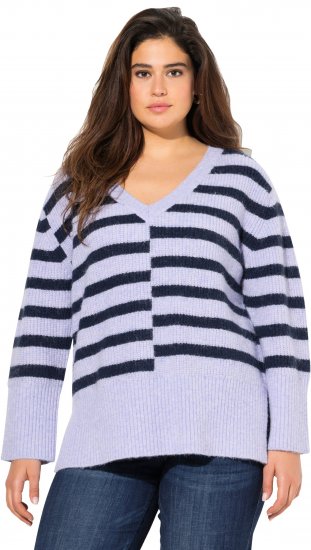 Ulla Popken Split Stripe Long Sleeve V-Neck Sweater Blue Grey - φούτερ/Φούτερ με κουκούλα - 