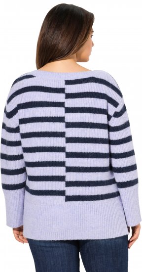 Ulla Popken Split Stripe Long Sleeve V-Neck Sweater Blue Grey - φούτερ/Φούτερ με κουκούλα - 