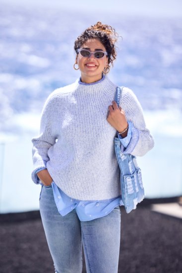 Ulla Popken Striped Wool Blend Turtleneck Sweater Sky Blue - φούτερ/Φούτερ με κουκούλα - 