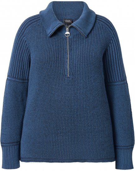 Ulla Popken Two-Tone Mixed Knit Troyer Collar Sweater Navy - φούτερ/Φούτερ με κουκούλα - 