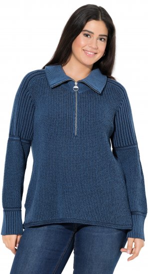 Ulla Popken Two-Tone Mixed Knit Troyer Collar Sweater Navy - φούτερ/Φούτερ με κουκούλα - 