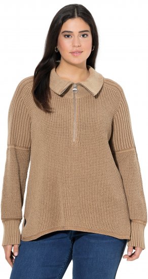 Ulla Popken Two-Tone Mixed Knit Troyer Collar Sweater Caramel - φούτερ/Φούτερ με κουκούλα - 