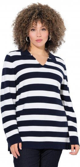 Ulla Popken Striped Polo Collar Long Sleeve Sweater Navy - φούτερ/Φούτερ με κουκούλα - 