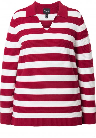 Ulla Popken Striped Polo Collar Long Sleeve Sweater Ruby Red - φούτερ/Φούτερ με κουκούλα - 