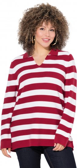 Ulla Popken Striped Polo Collar Long Sleeve Sweater Ruby Red - φούτερ/Φούτερ με κουκούλα - 