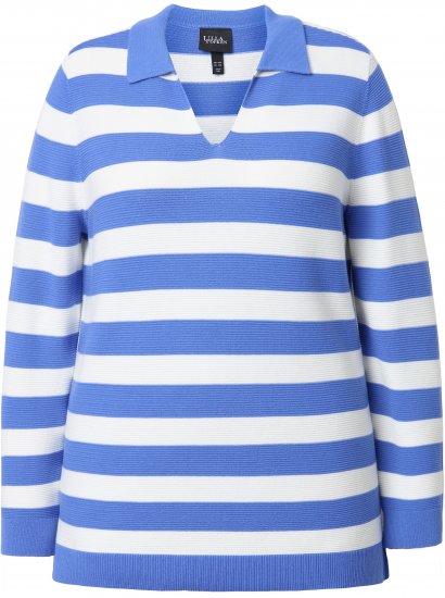 Ulla Popken Striped Polo Collar Long Sleeve Sweater Aegean Blue - φούτερ/Φούτερ με κουκούλα - 