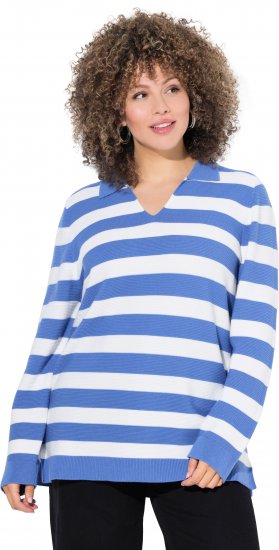 Ulla Popken Striped Polo Collar Long Sleeve Sweater Aegean Blue - φούτερ/Φούτερ με κουκούλα - 