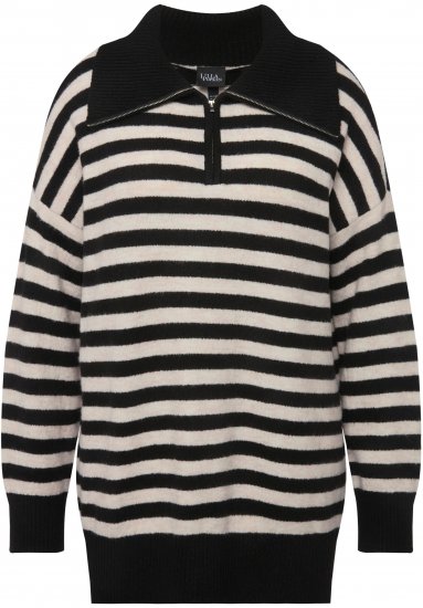 Ulla Popken Striped Troyer Collar Sweater Black - φούτερ/Φούτερ με κουκούλα - 