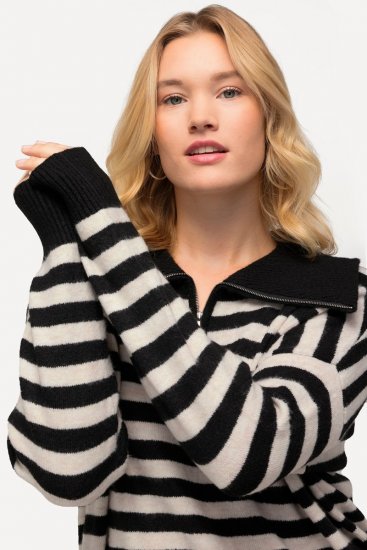 Ulla Popken Striped Troyer Collar Sweater Black - φούτερ/Φούτερ με κουκούλα - Ζεστά Φούτερ, Hoodies & Πλεκτά