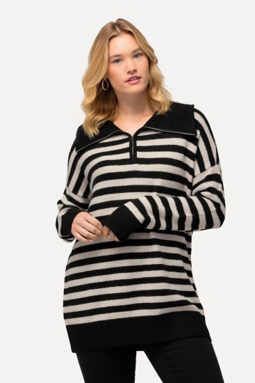 Ulla Popken Striped Troyer Collar Sweater Black - φούτερ/Φούτερ με κουκούλα - Ζεστά Φούτερ, Hoodies & Πλεκτά