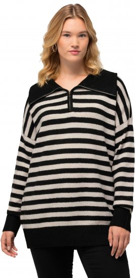 Ulla Popken Striped Troyer Collar Sweater Black - φούτερ/Φούτερ με κουκούλα - 