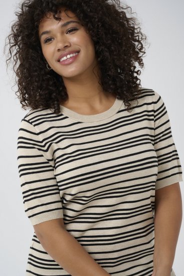 Kaffe Curve Lizzy Ριγέ πουλόβερ Μπεζ/Μαύρο ριγέ - Τυπωμένα T-shirts για γυναίκες - 