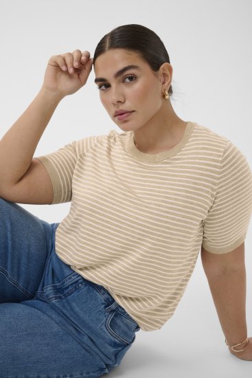 Kaffe Curve Lizzy Knit T-Shirt Feather Melange/Chalk Fine Stripe - Μπλουζάκια - 