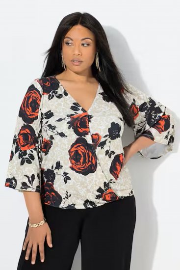 Ulla Popken Rose Print Faux Wrap Top Off-White - Μπλουζάκια - 