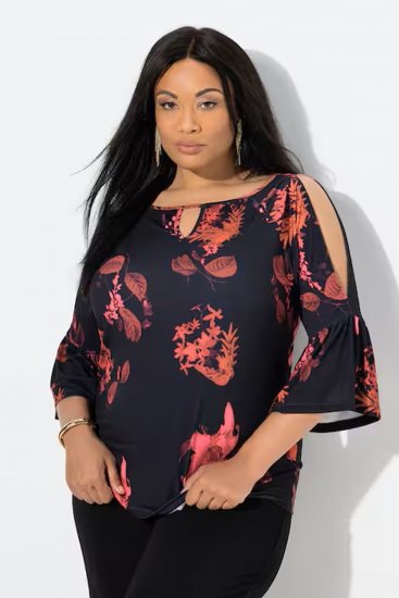 Ulla Popken Botanical Print Cold Shoulder Top Black - Μπλουζάκια - 