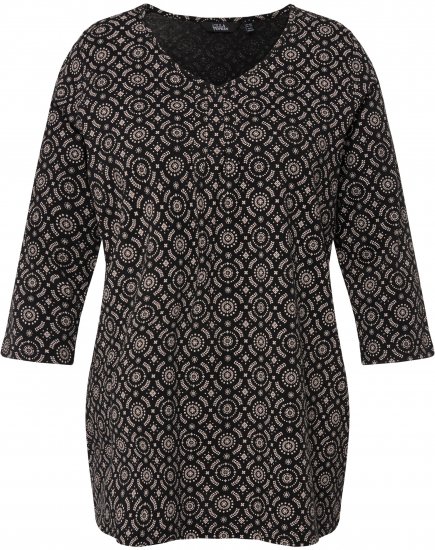 Ulla Popken 3/4 Sleeve Geometric Graphic Tee Black - Μπλουζάκια - 