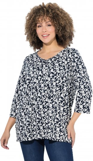Ulla Popken Floral 3/4 Sleeve V-Neck A-Line Tee Navy - Μπλουζάκια - 
