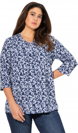 Ulla Popken Floral 3/4 Sleeve V-Neck A-Line Tee Blue - Μπλουζάκια - 