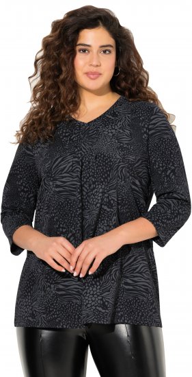 Ulla Popken Animal Print 3/4 Sleeve V-Neck Tee Black - Μπλουζάκια - 