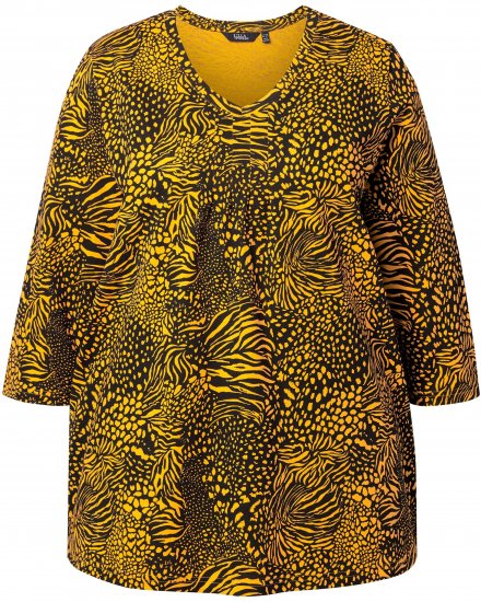 Ulla Popken Animal Print 3/4 Sleeve V-Neck Tee Neon Orange - Μπλουζάκια - 