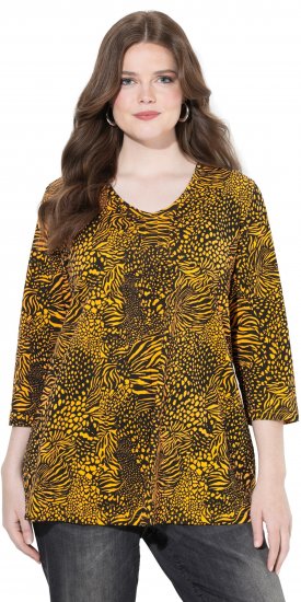 Ulla Popken Animal Print 3/4 Sleeve V-Neck Tee Neon Orange - Μπλουζάκια - 