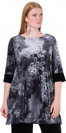 Ulla Popken Velvet Peacock Feather 3/4 Sleeve Tunic Blouse Black - Μπλουζάκια - 