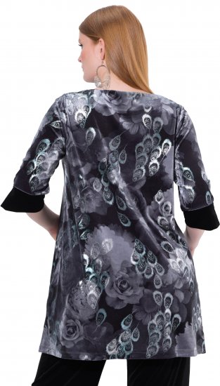 Ulla Popken Velvet Peacock Feather 3/4 Sleeve Tunic Blouse Black - Μπλουζάκια - 