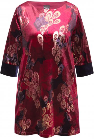 Ulla Popken Velvet Peacock Feather 3/4 Sleeve Tunic Blouse Wine Red - Μπλουζάκια - 