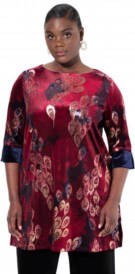 Ulla Popken Velvet Peacock Feather 3/4 Sleeve Tunic Blouse Wine Red - Μπλουζάκια - 