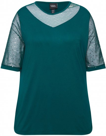 Ulla Popken Sequined Mesh Sleeve Blouse Dark Green - Μπλουζάκια - 