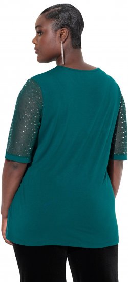Ulla Popken Sequined Mesh Sleeve Blouse Dark Green - Μπλουζάκια - 