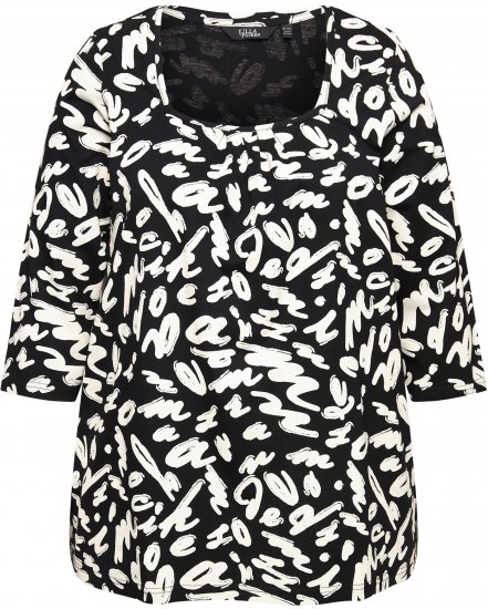 Ulla Popken Scribble Print Square Neck 3/4 Sleeve Tee Black - Τυπωμένα T-shirts για γυναίκες - 